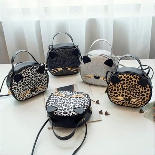2021 New Ladies Leopard Sequins Fashion Diagonal Bag Ladies Cute Cat Shape Small Round Bag Small Backpack