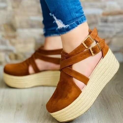 Woman Sandals Shoes Summer Retro Style Pumps High Heels Wedges Thick Sole Buckle Strap Gladiator Fashion Plus Size 35-43