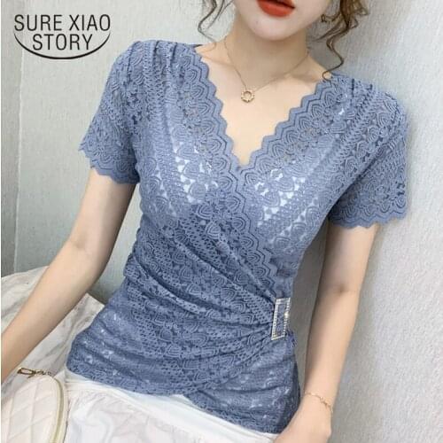 3XL Women Lace Tops New Arrivals Summer Short Sleeve V-neck Women Blouse Shirt Sexy Hollow Out Lace Tops Plus Size Blusas 13154
