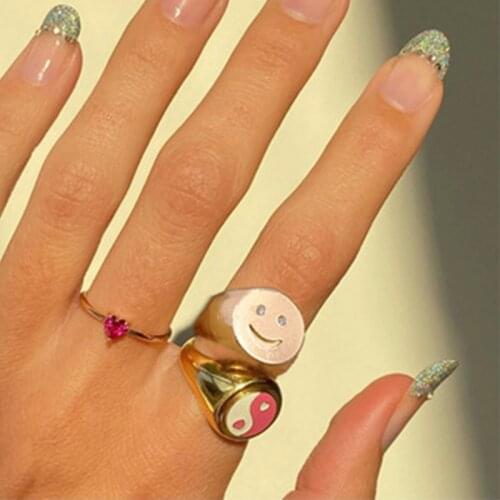 2021 New Trend Gold Silver Color Metal Rings Korean Cute Enamel Smile Heart Yin and Yang Rings for Women Jewelry Gifts Wholesale