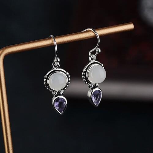 Womens S925 Vintage Thai Silver Moonstone Earrings Exaggerated Water Drop Pear Shape Amethyst