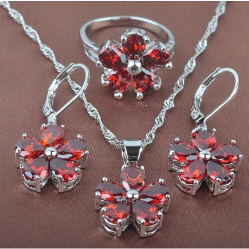 Red Zirconia Flower Design Womens Silver Color Jewelry Sets Necklace Pendant Earrings Ring Free Shipping TZ0251