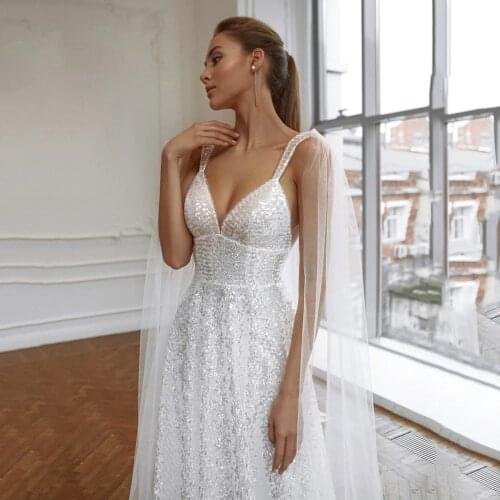 Gy Long Shawl Sleeves Brides Dress Empire Sequined Bridal Gowns V-neck With Straps Beading Wedding Dresses