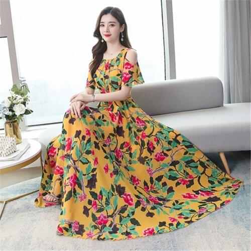Chiffon dress female 2020 Korean summer new womens fashion O-neck print short sleeve long swing dress