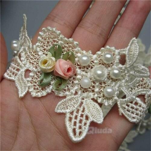 1 feet Width 6cm Polyester Pearl Flower Lace Edge Trim Ribbon Embroidered Applique Sewing Craft Crochet Wedding Dress Clothes