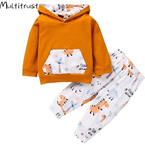2020 Fashion Baby Girl Clothes Long-sleeve Trousers Suit Stitching Hooded T-shirt+ Cartoon Printed Long Pants 0-24M