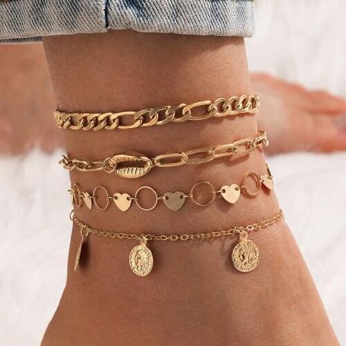 4 Pcs/Set Gold Link Chain Sea Shell Charm Ankle Bracelets for Women Coin Fringed Foot Chain Girls Charm Bracelet Anklet Jewelry