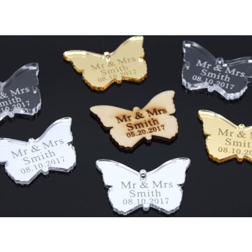 50*Personalized Wedding Acrylic Wine Decoration Rustic Custom Bridal Shower Baby Baptism Name Butterfly Tag Gift Tag Decoration