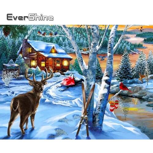 Evershine Diamond Painting House Cross Stitch Full Square Round Diamond Embroidery Deer Mosaic Scenery Winter Wall Decor