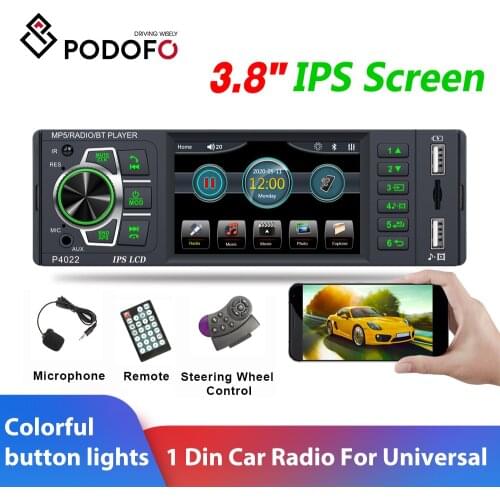 Podofo 1Din 3.8'' Car Radio Audio Stereo FM Bluetooth Autoradio 1 din IPS Screen Reverse Camera MP5 Player For Universal