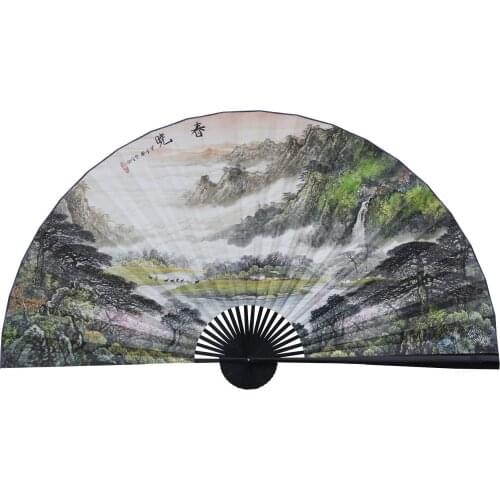 Large Folding Paper Fan Chinese Style Crafts Banboo Frame Background Decorative Fan Hanging Spring Landscape
