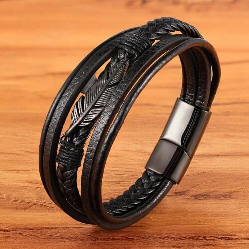 Multi-layer Leather Feather Shape Accessories Mens Bracelet Stainless Steel Leather Bracelet For Special Birthday Present