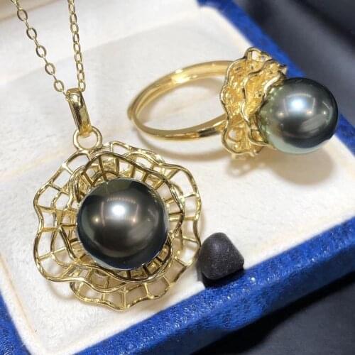 D509 Pearl Set Fine Jewelry 925 Sterling Silver Round 9-10mm Nature Sea Water Tahiti Pearls Jewelry Sets for Women Presents