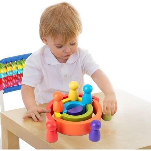 Wooden Rainbow Stacking Game Learning Toy Geometry Building Blocks for Children Color Shape Matching Kid Educational