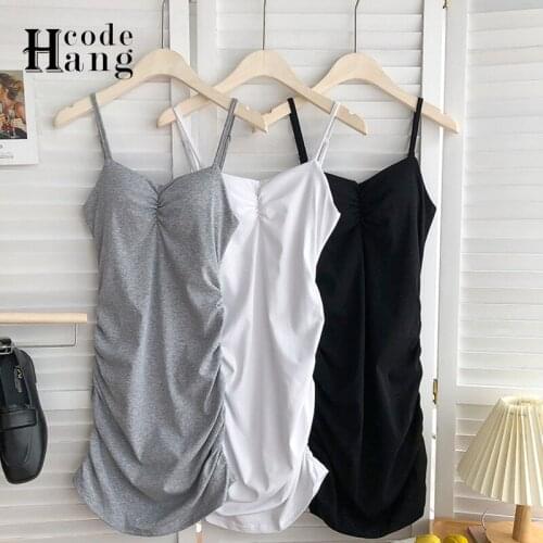 HangCode Ins Fashion Chest Padded Sexy Mini Bodycon Dress 2021 Summer V Neck All Match Ruched Spaghetti Strap Club Shirt Dress