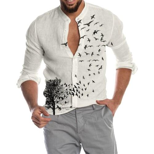 Mens Casual Shirt Flying Bird Print Stand Collar Shirt Long Sleeve Fashion High Quality Comfy Button Tops Camisa Masculina 2021