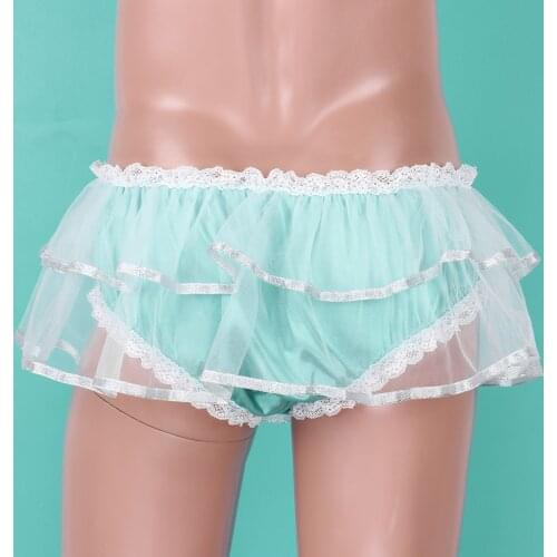 Mens Lingerie Panties Smooth Satin Lingerie with Double Mesh Layers Lace Trim Gay Sissy Pouch Jockstraps Underwear Underpants