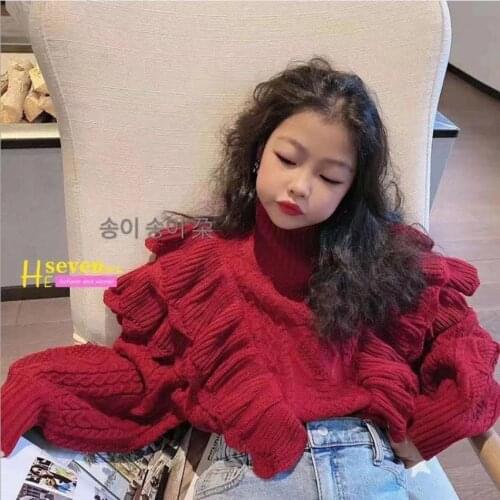 Girl ruffles cute cotton sweater children thicker high neck outerwear kids overalls teenage outfit sweater 4-14Y ws1937