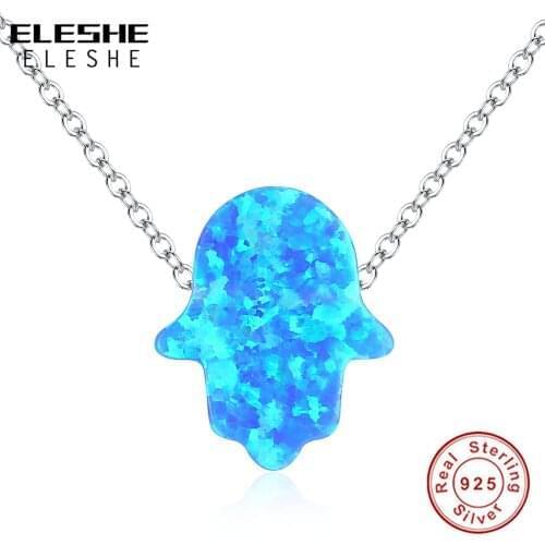 ELESHE Trendy Blue Opal Hamsa Necklace for Women Jewelry Gifts 925 Sterling Silver Necklace Chain Fatima Hand Pendant Necklace
