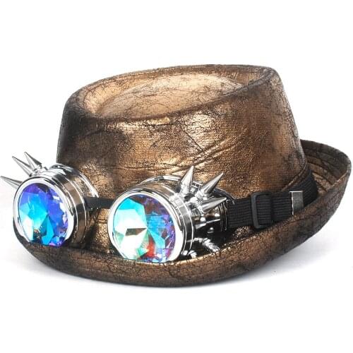 Gold Pork Pie Hat Leather Steampunk Hat For Men Fedora Hat Gear Glasses Flat Top Hat For Gentleman Bowler Gambler Cosplay Hat