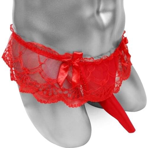 Sissy Panties With Penis Sheath Lace Thong Underwear for Mens Gay Sexy Lingerie Bottom Skirted T Back Male Knickers Underpants