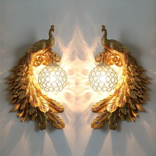 Vintage Luxury LED Wall Lamps for Mirror Wall Lamp Peacock Crystal Lampshade Wall Light Bedroom Bedside Kitchen Wall Sconce Lamp