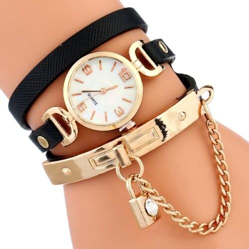 Gnova Platinum Fashion Strap Bracelet Women Watch New Brand Golden Chain Lock Charm PU leather wrap dress quartz wristwatch A956