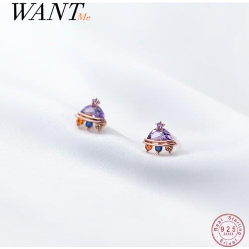 WANTME 925 Sterling Silver Color Zircon Spaceship Simple Unique Stud Earrings for Women Fashion Personality Student Jewelry Gift