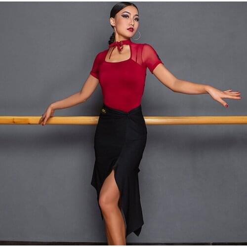 Latin Dance Dress Lady Tango Salsa Cha Cha Samba Rumba Practice Costumes Women Short Sleeve Mesh Top Irregular Skirt DNV12791