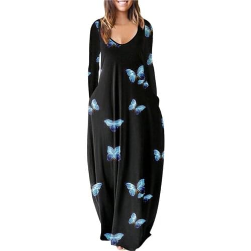 Women Variegated Color Dress V-neck Long Sleeve Loose Style Casual Long Dress Maxi Clubwear Sundress Spring Autumn Female New