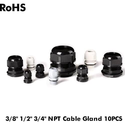 10pcs IP68 3/8"NPT 1/2"NPT 3/4"NPT Wire Cable CE Black Waterproof Nylon Plastic Cable Gland Connector