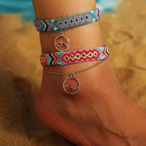 2Pcs/Set Bohemian Weave Anklets For Women Cotton Ankle Bracelet Ocean Wave Anklet Female Foot Leg Chain Beach Foot Jewelry Gifts