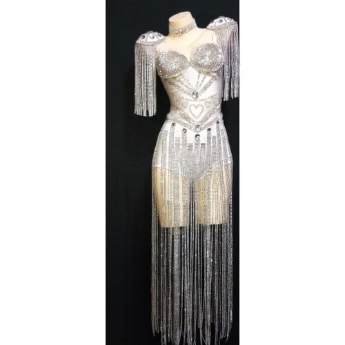 White Bright Fringes Rhinestones Bodysuit Stage Sexy Luxury Leotard Women Birthday Celebrate Female Singer Party Dance Costume