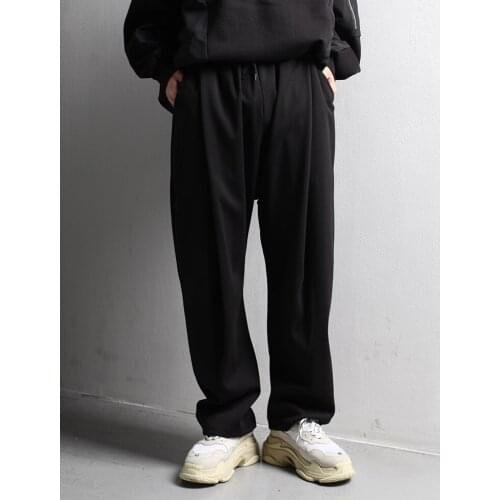 Mens pants new trend hip hop casual pants front pleated wide leg pants black pants mens slim elastic waist pants