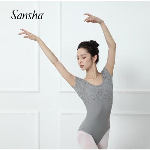 Sansha Ballet Pratice New Hot Ladies Women Dancewear Cap Sleeve Leotard Scoop Neck Sexy Lace Grey Embroidered Low Back 50BO1048P