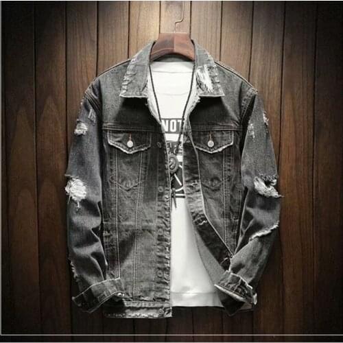 Mens Jackets And Coats Black Holes Denim Coats New Fashion Men Spring Autumn Loose Casual Jean Jackets Outwear Denim Jackets