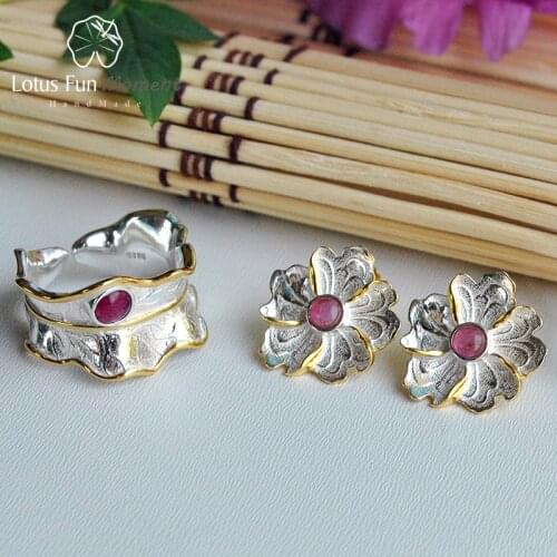 Lotus Fun Moment Real 925 Sterling Silver Natural Tourmaline Stone Original Fashion Peony Flower Jewelry Set for Women Brincos