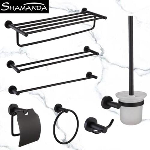 SUS 304 Stainless Steel Bathroom Hardware Sets Black Matte Towel Rail Rack Bar Shelf Paper Holder Toilet Brush Holder Rob