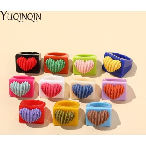 Squer Transparent Resin Acrylic Colorful Heart Rings Set for Women Fashion Geometric Jewelry Party Ring Aestethic Goth for Girls