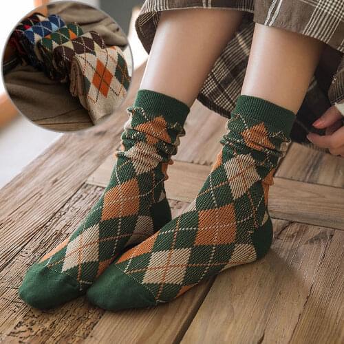 Womens Retro Plaid Socks Fashion Girl Cosplay Lolita Stockings Ladies Hose Cotton Socks Mid-Tube Socks Female Hosiery Unisex