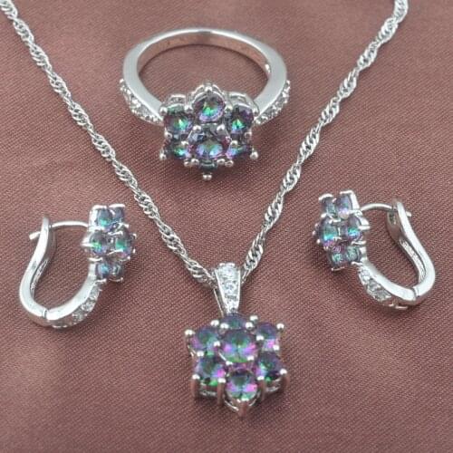 New Band Multicolor Rainbow Zirconia Jewelry Set For Women Wedding Silver Color Ring Necklace And Earrings Set TZ0582