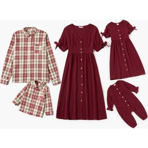PatPat Mosaic 100% Cotton Festive Series Family Matching Sets（V-neck Red Dresses - Rompers - Lattice Long Sleeve Polo Shirts)