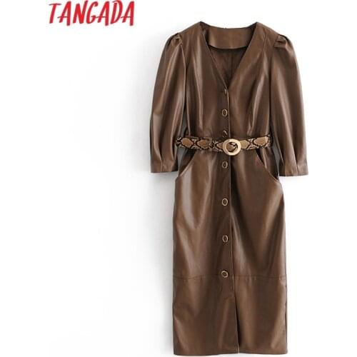 Tangada 2020 Autumn Winter women brown faux leather dress with leopard belt long sleeve ladies midi dress vestidos 3H728