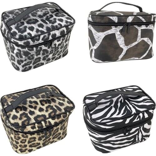 Portable Travel Cosmetic Bag with Makeup Brush Holder Waterproof Toiletry Storage Box Leopard Zebra Pattern