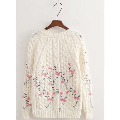 S23665 Autumn Women Floral Embroidery Knitted Sweater Freshing Sweet Girlfriend All-Match Loose-Fit Minimalist O-Neck Pullover