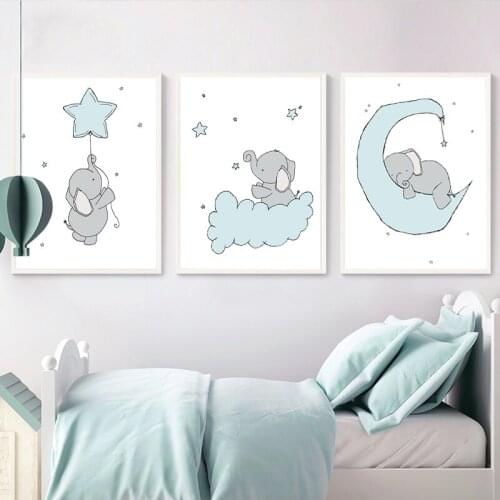 Elephant Moon and Stars Nursery Art Prints Wall Art Canvas Painting Nordic Posters Cartoon Wall Pictures Kids Boys Room Decor