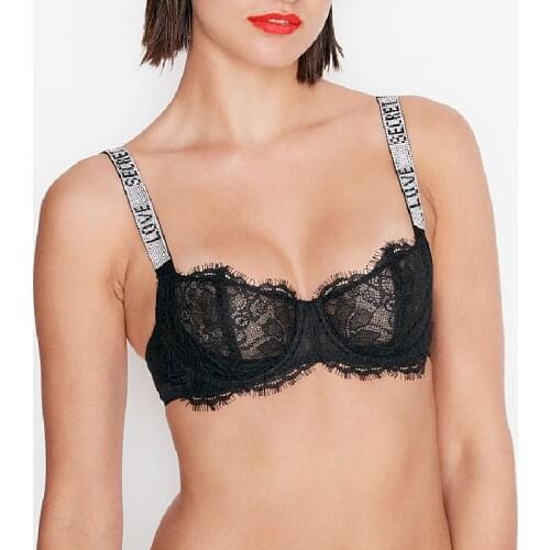 Rhinestone Letter Love Secret Women Underwear Push Up Bra Soft Eyelash lace Bralette for Female Sex Lingerie UnderWire Black