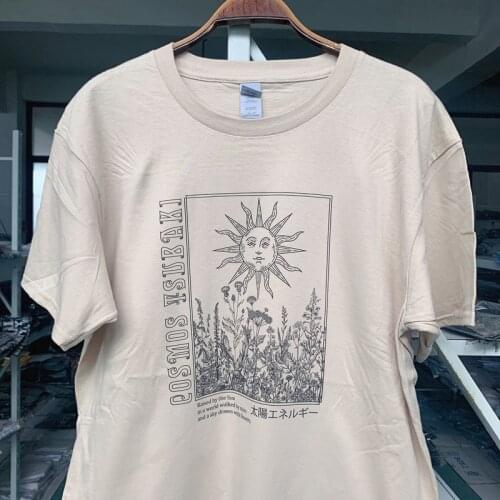 Vintage Fashion Sun Plants Drawings Print Beige T-Shirt Women Boho Style Short Sleeve Tee Grunge Aesthetic Street Style Shirt