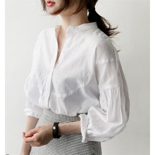 LMQ NEW Women Autumn Romantic Lantern Sleeve Elegant Stand Collar Tops Shirt Office Work Blouse Casual Solid Vintage Shirts