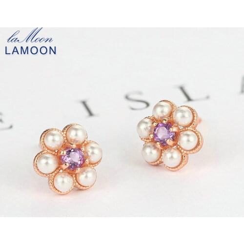 LAMOON 925 Silver Stud Earring For Women Flower Pearl Amethyst Gemstone 18k Rose Gold Plated Fine Jewelry Korean LMEI090